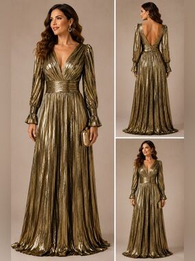 Metallic Gold Pleated Deep V Long Sleeve Formal Maxi Gown Size 10